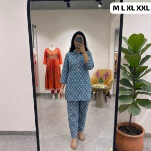 premium pure cotton blue printed co ord set for women | designer kurti & pant set | free shipping