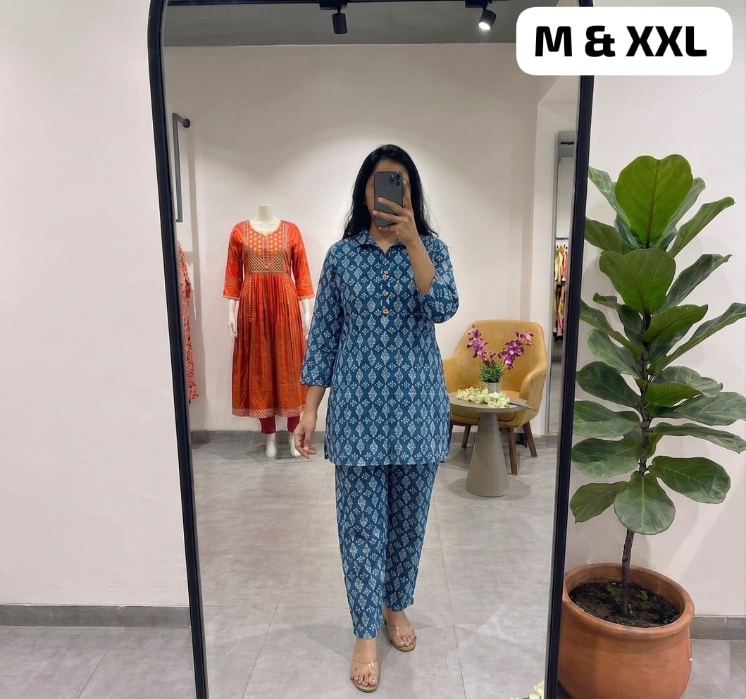 Premium Pure Cotton Blue Designer Co-Ord Set for Women | Stylish Kurti & Pant Set | Free Shipping