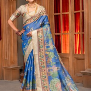 chitrakala trends premium kanjivaram cotton silk saree with rich jacquard border & digital print jari weaving | includes matching blouse piece