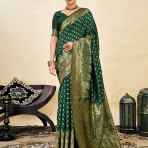 axonit women's silk blend banarasi jacquard classic motif design saree with unstitched blouse piece bottle green