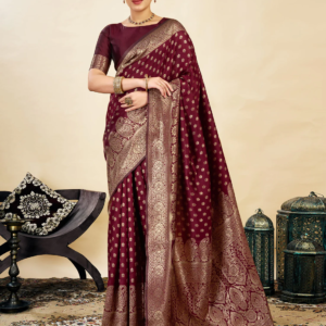 axonit womens silk blend banarasi jacquard classic motif design saree with unstitched blouse piece maroon 4