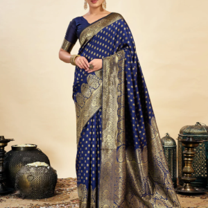 axonit womens silk blend banarasi jacquard classic motif design saree with unstitched blouse piece navy blue 4