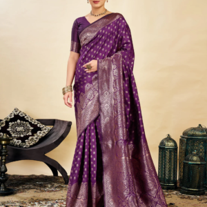 axonit womens silk blend banarasi jacquard classic motif design saree with unstitched blouse piece plum 1