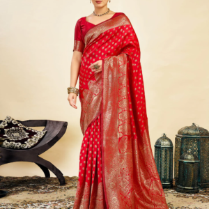 axonit womens silk blend banarasi jacquard classic motif design saree with unstitched blouse piece red 1
