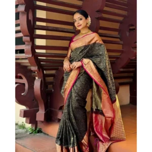 Generic Women's Silk Printed Saree With Unstitched Blouse 5.5Mtr (Green)