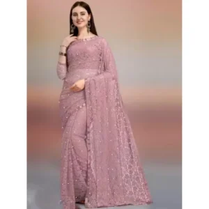 Generic Women's Net Self Design Saree With Unstitched Blouse 5.5Mtr (Light Brown)