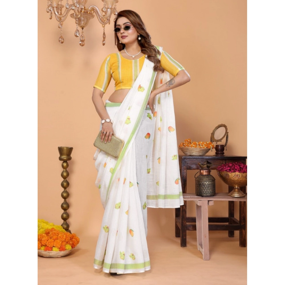 Generic Women's Linen Cotton Printed Saree With Unstitched Blouse 5.5Mtr (White) - Image 3