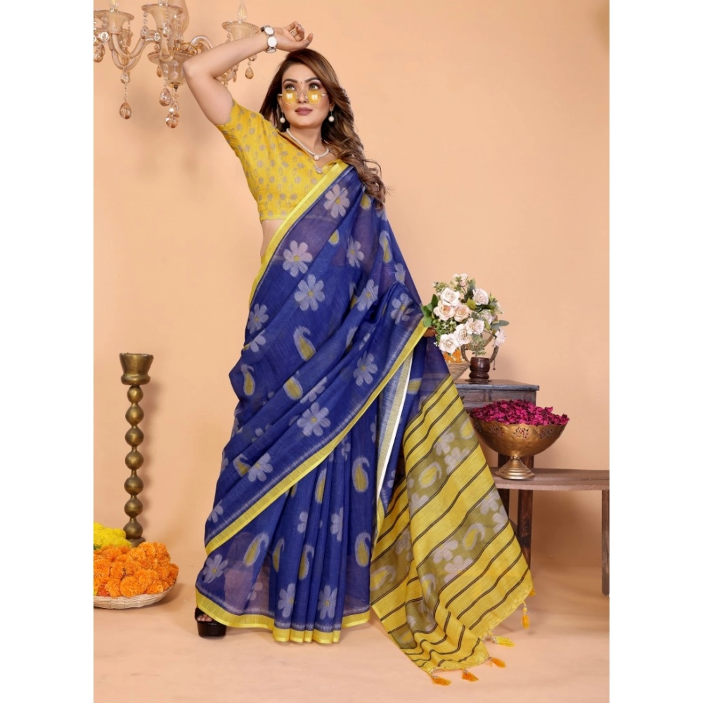 Generic Women's Linen Cotton Printed Saree With Unstitched Blouse 5.5Mtr (Blue) - Image 3