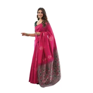 Generic Women's Soft Lichi Silk Printed Saree With Unstitched Blouse 5.5Mtr (Pink)