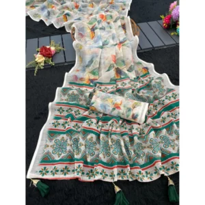 Generic Women's Linen Cotton Printed Saree With Unstitched Blouse 5.5Mtr (Green)
