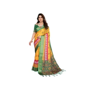 Generic Women's Cotton Silk  Printed Saree With Unstitched Blouse 5.5Mtr (Yellow)