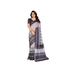 Generic Women's Linen Cotton Printed Saree With Unstitched Blouse 5.5Mtr (White & Black)