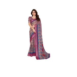Generic Women's Linen Cotton Printed Saree With Unstitched Blouse 5.5Mtr (Wine )