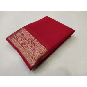 Generic Women's Crepe Chit Pallu Solid Saree With Unstitched Blouse 5.5Mtr (Red)