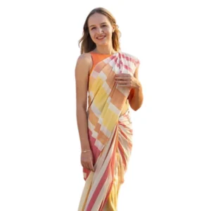Generic Women's Linen Printed Saree With Unstitched Blouse 5.5Mtr (Yellow)