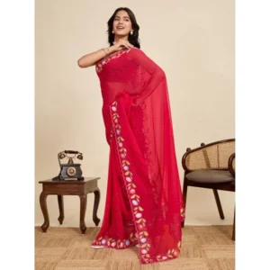 Generic Women's Georgette Printed Saree With Unstitched Blouse 5.5Mtr (Red)