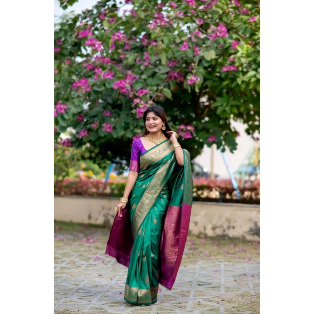 Generic Women's Katan_Silk Zari_Weaving Saree With Unstitched Blouse 5.5Mtr (Dark_Green) - Image 2