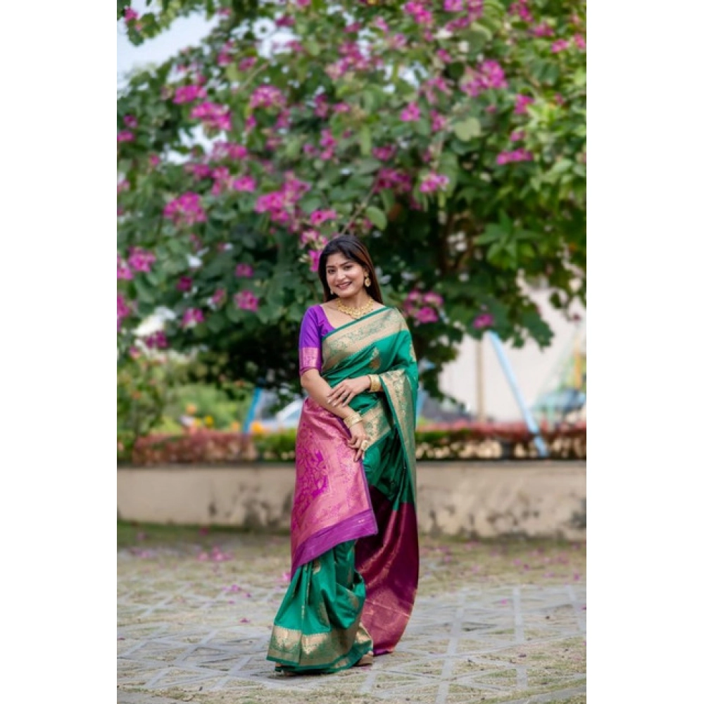 Generic Women's Katan_Silk Zari_Weaving Saree With Unstitched Blouse 5.5Mtr (Dark_Green) - Image 3