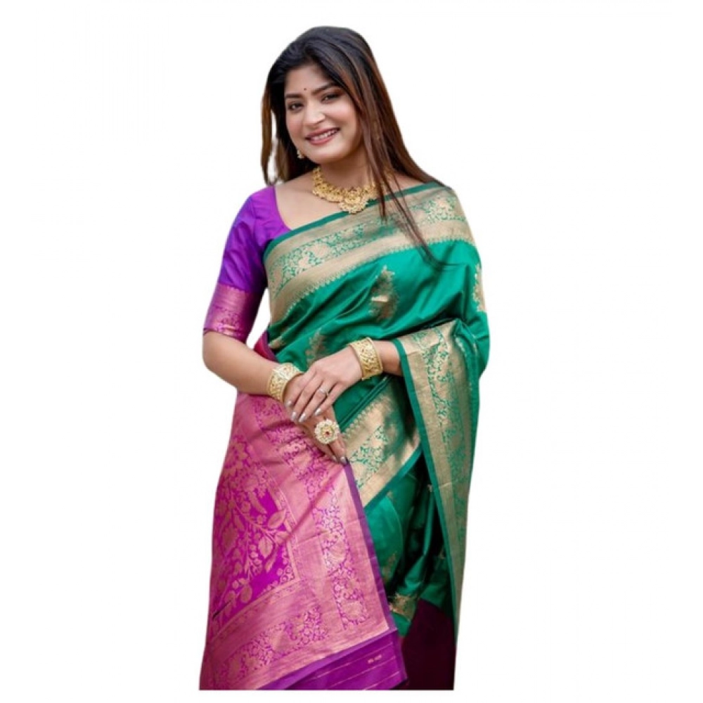 Generic Women's Katan_Silk Zari_Weaving Saree With Unstitched Blouse 5.5Mtr (Dark_Green) - Image 4