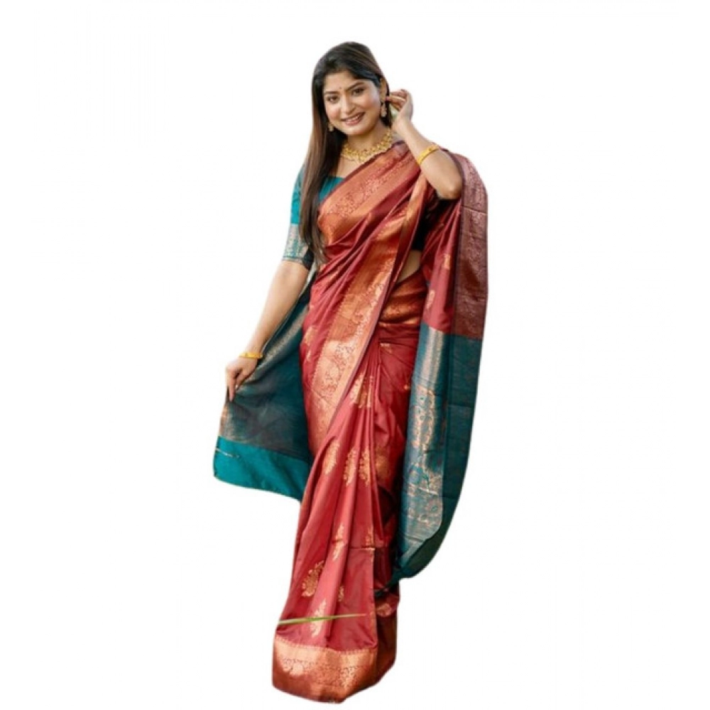 Generic Women's Katan_Silk Zari_Weaving Saree With Unstitched Blouse 5.5Mtr (Maroon) - Image 4