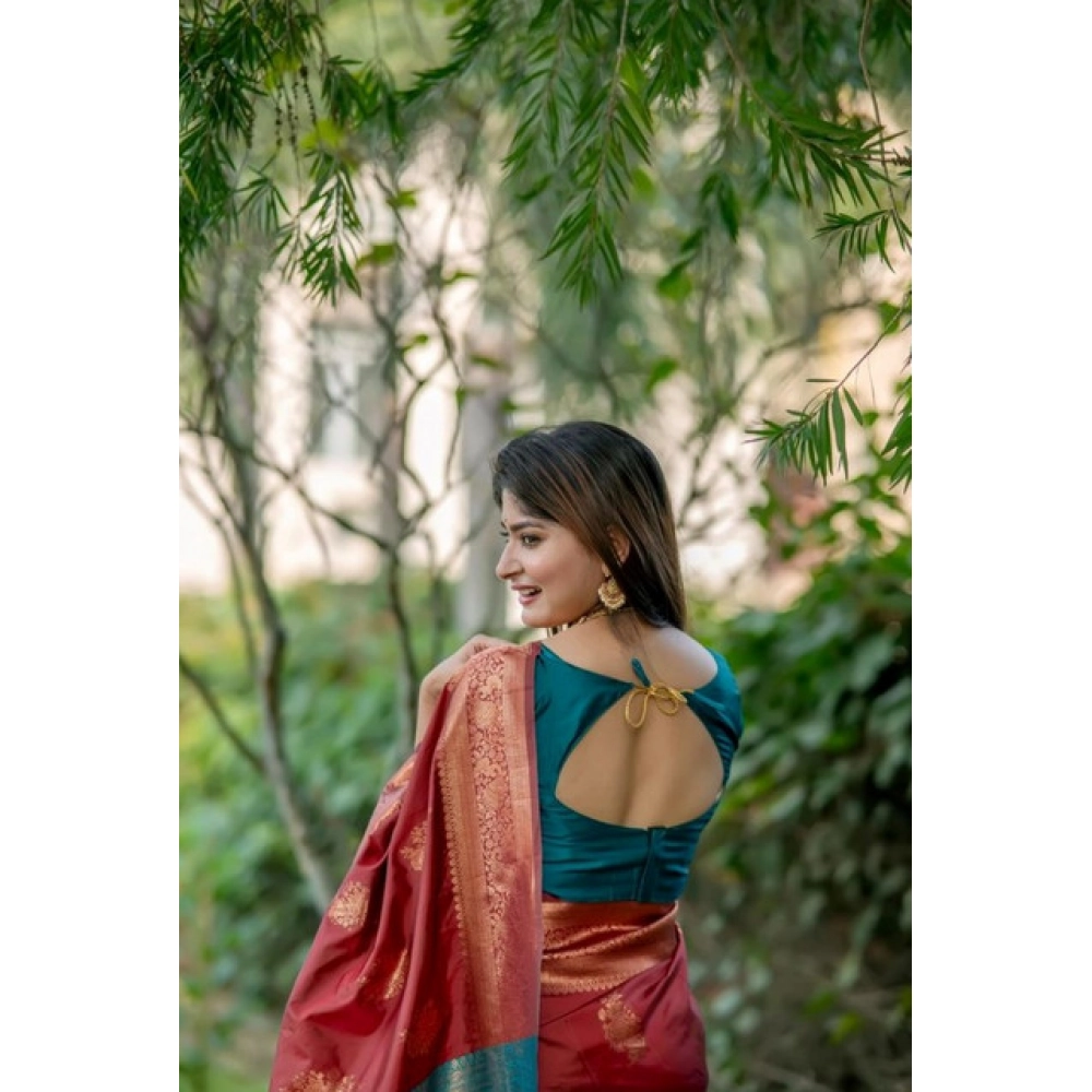 Generic Women's Katan_Silk Zari_Weaving Saree With Unstitched Blouse 5.5Mtr (Maroon) - Image 3