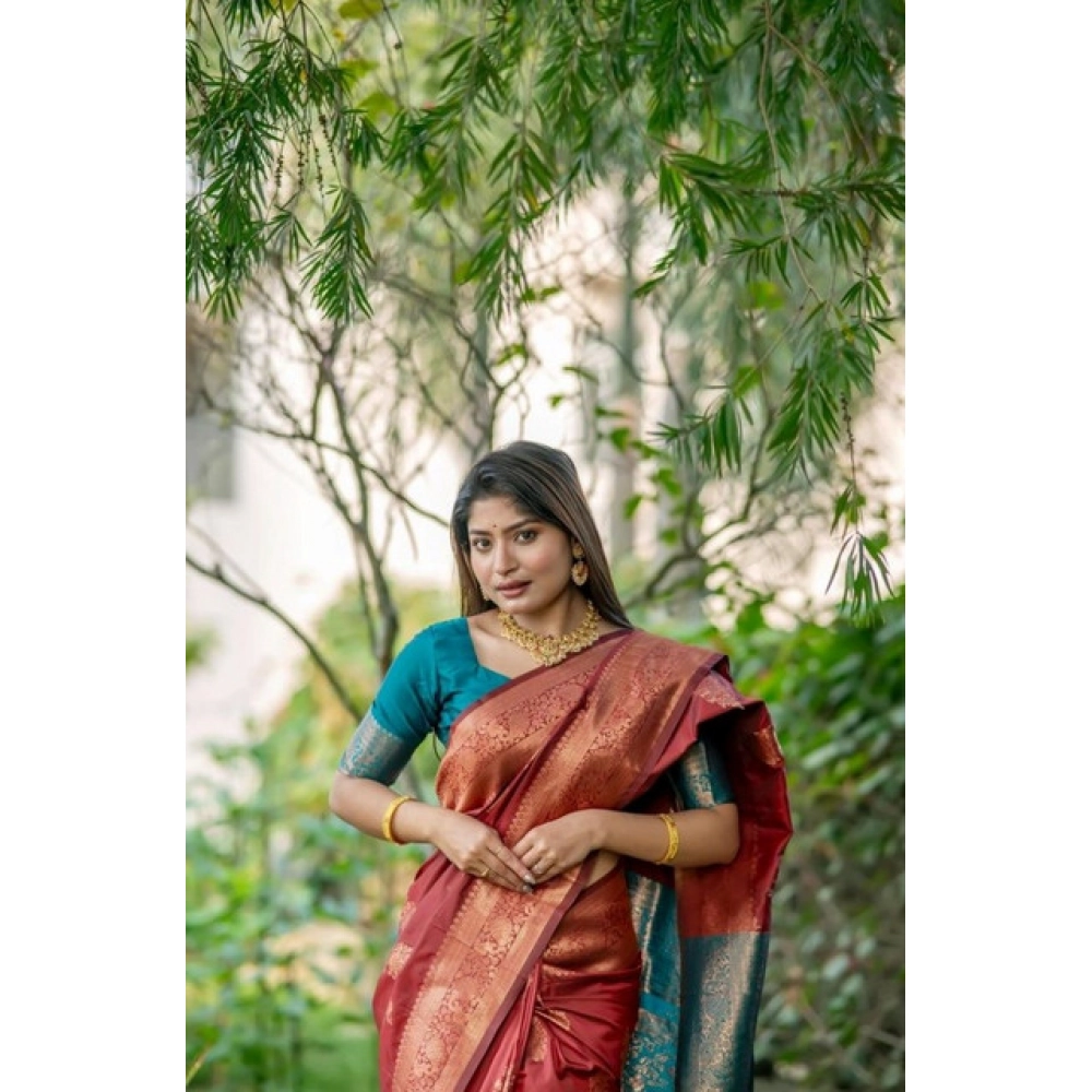 Generic Women's Katan_Silk Zari_Weaving Saree With Unstitched Blouse 5.5Mtr (Maroon) - Image 2