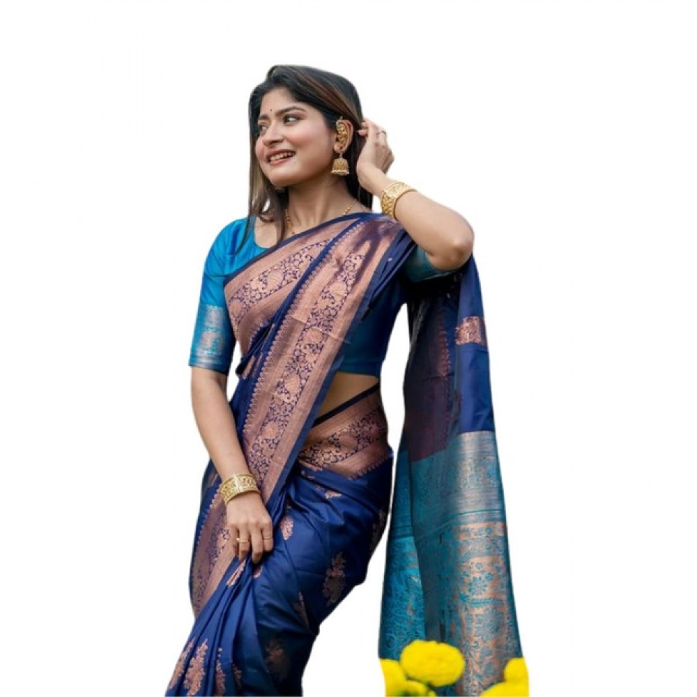 Generic Women's Katan_Silk Zari_Weaving Saree With Unstitched Blouse 5.5Mtr (Navy_Blue) - Image 4