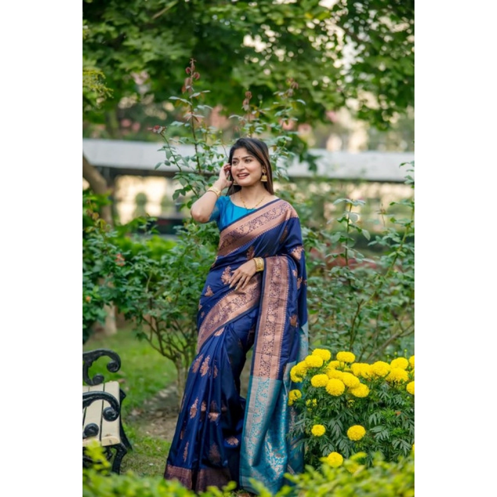 Generic Women's Katan_Silk Zari_Weaving Saree With Unstitched Blouse 5.5Mtr (Navy_Blue)