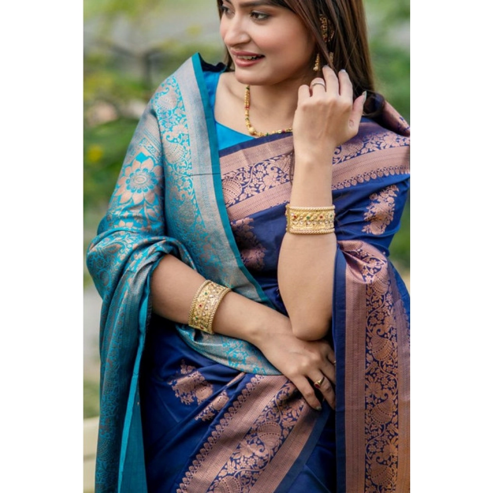 Generic Women's Katan_Silk Zari_Weaving Saree With Unstitched Blouse 5.5Mtr (Navy_Blue) - Image 3