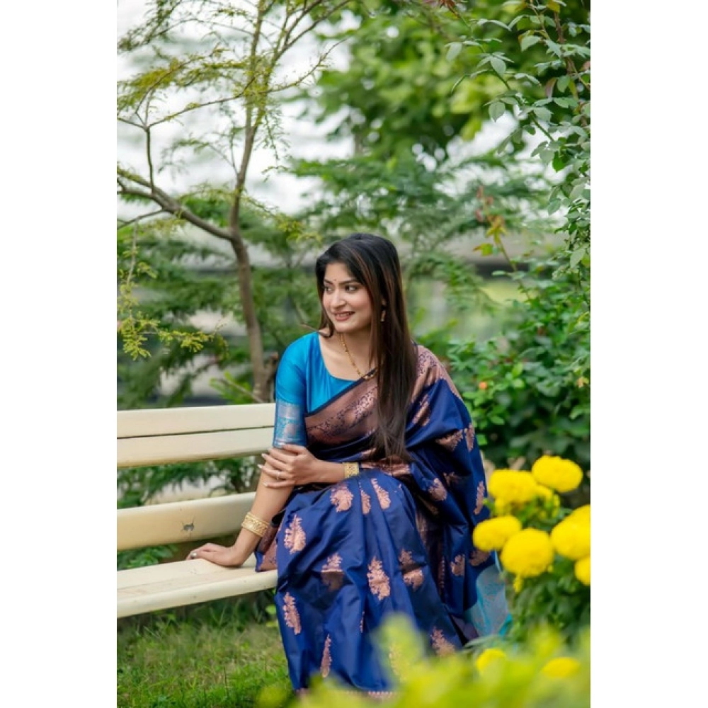 Generic Women's Katan_Silk Zari_Weaving Saree With Unstitched Blouse 5.5Mtr (Navy_Blue) - Image 2