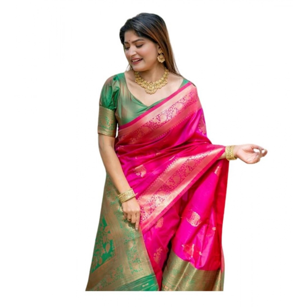Generic Women's Katan_Silk Zari_Weaving Saree With Unstitched Blouse 5.5Mtr (Pink) - Image 4