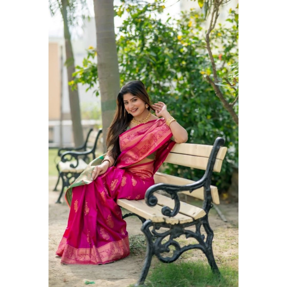 Generic Women's Katan_Silk Zari_Weaving Saree With Unstitched Blouse 5.5Mtr (Pink) - Image 3