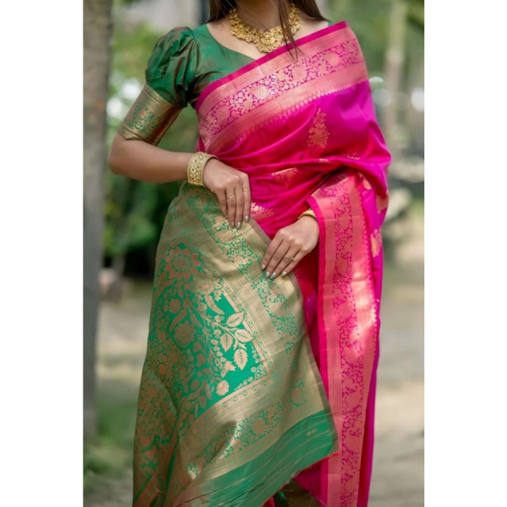 Generic Women's Katan_Silk Zari_Weaving Saree With Unstitched Blouse 5.5Mtr (Pink) - Image 2