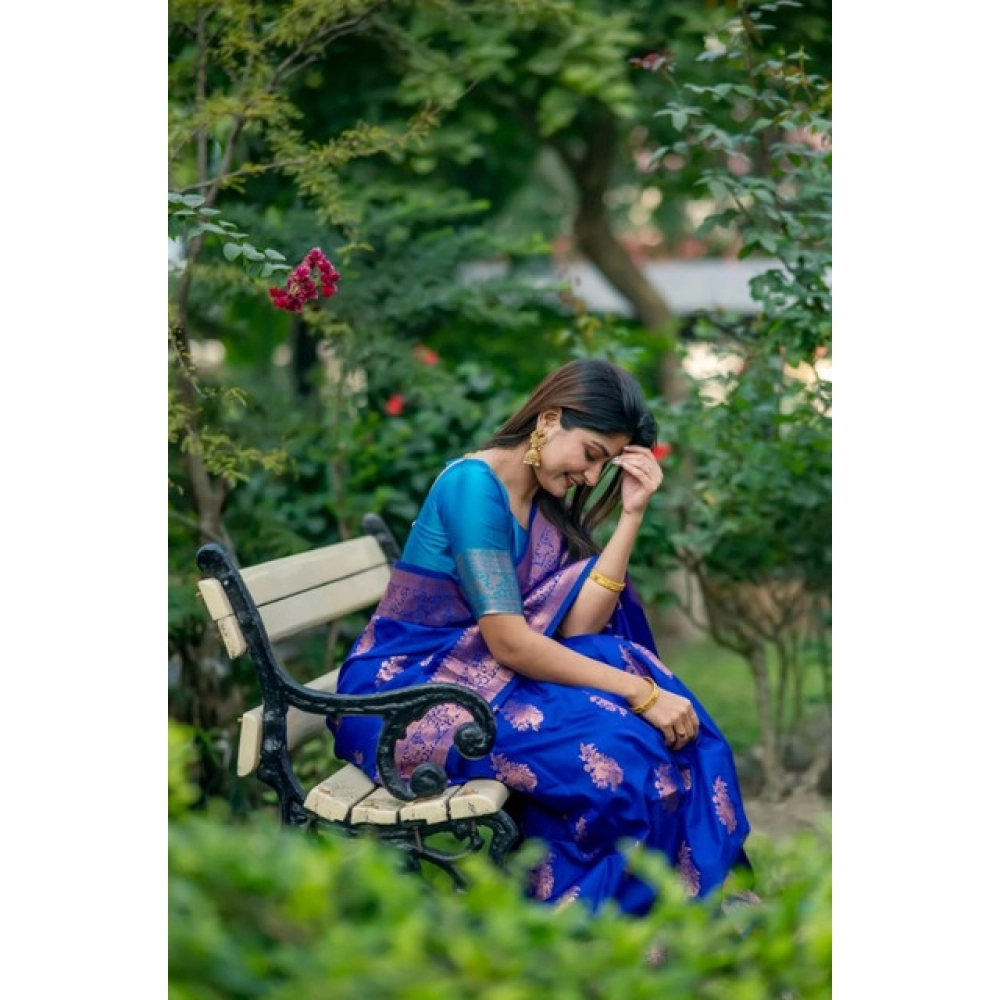 Generic Women's Katan_Silk Zari_Weaving Saree With Unstitched Blouse 5.5Mtr (Royal_Blue) - Image 3