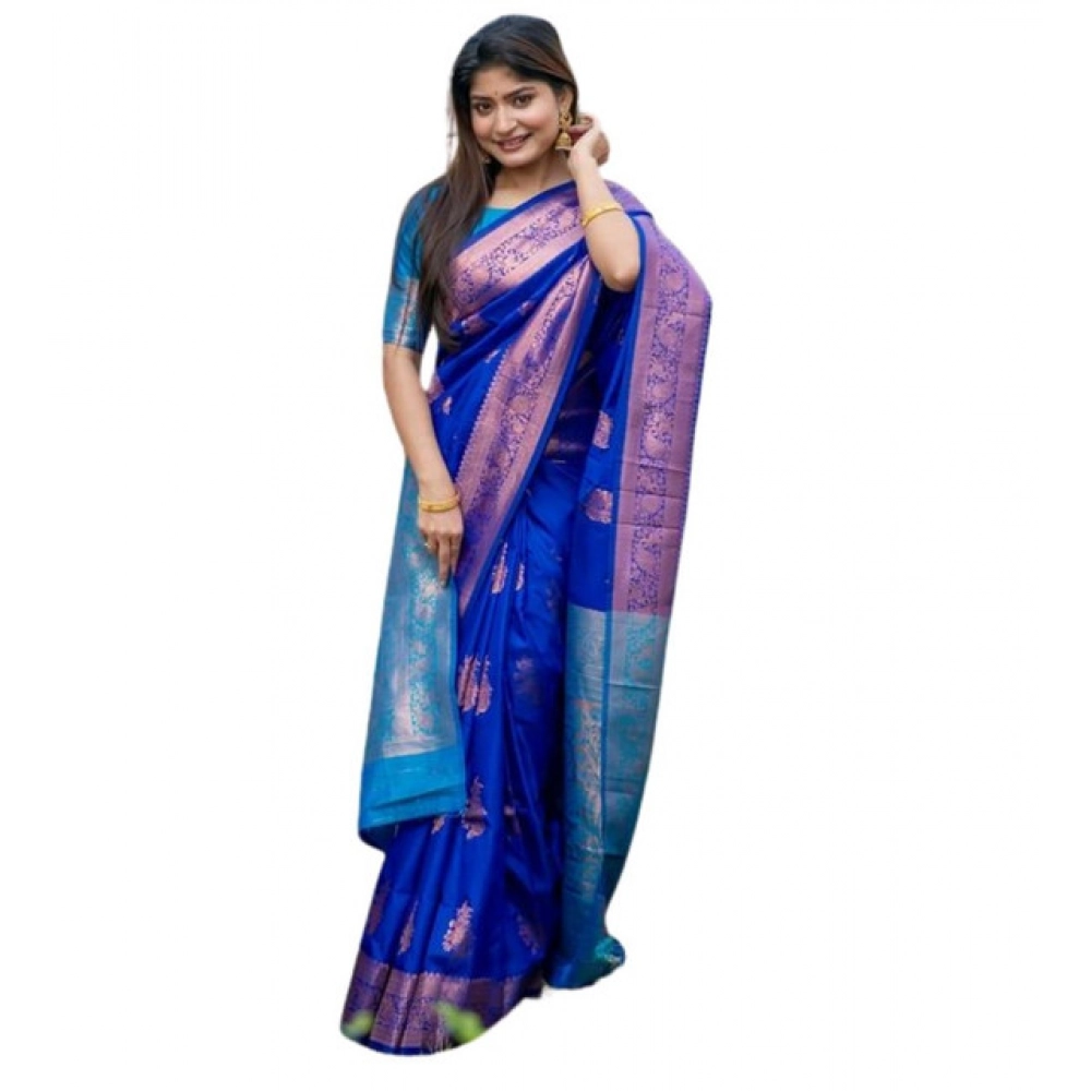 Generic Women's Katan_Silk Zari_Weaving Saree With Unstitched Blouse 5.5Mtr (Royal_Blue) - Image 4