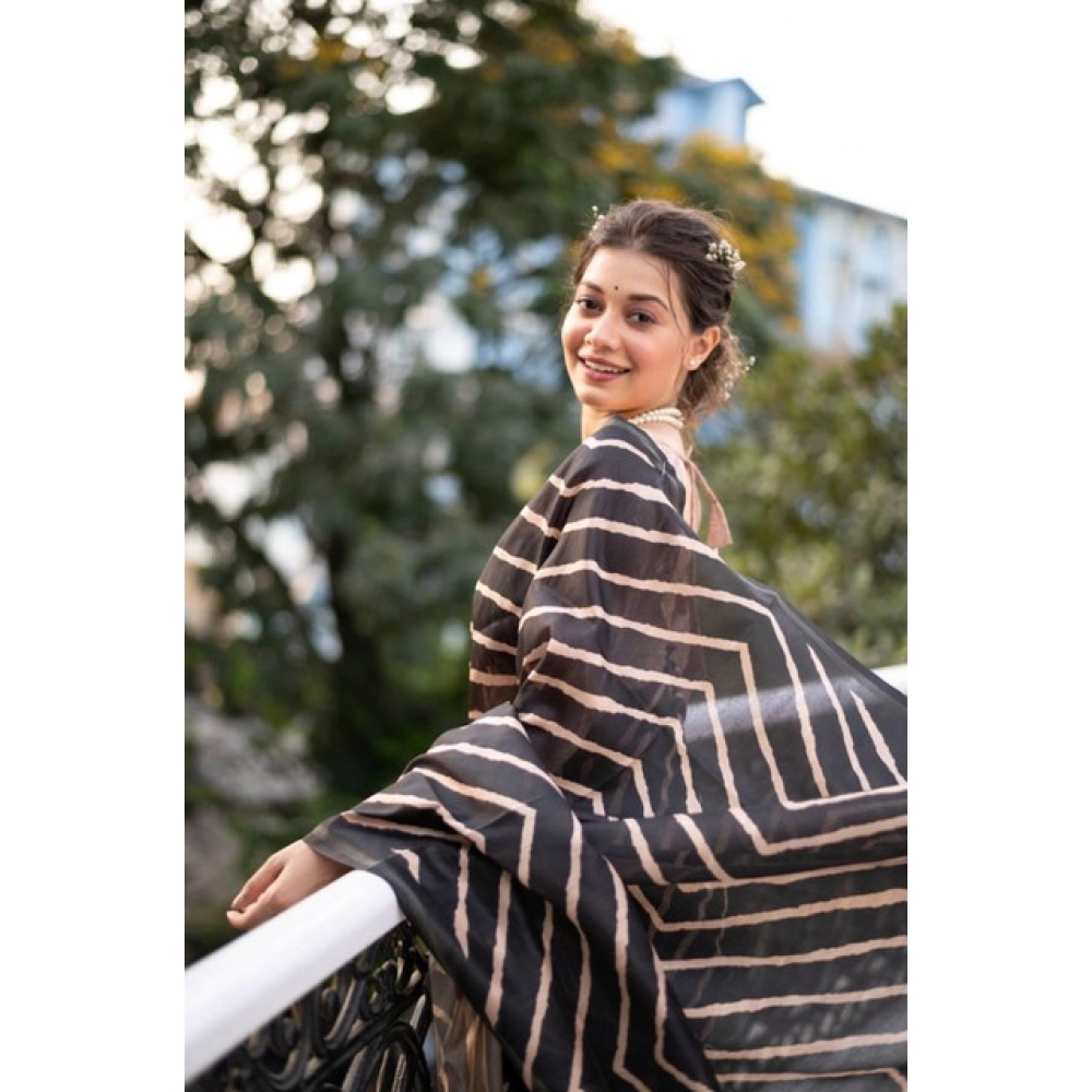 Generic Women's Faux_Tussar_Silk Geometric_Print Saree With Unstitched Blouse 5.5Mtr (Black) - Image 2