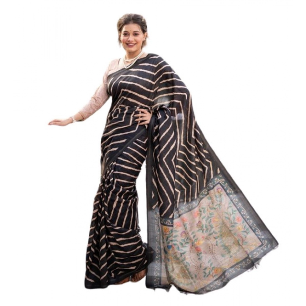 Generic Women's Faux_Tussar_Silk Geometric_Print Saree With Unstitched Blouse 5.5Mtr (Black) - Image 3