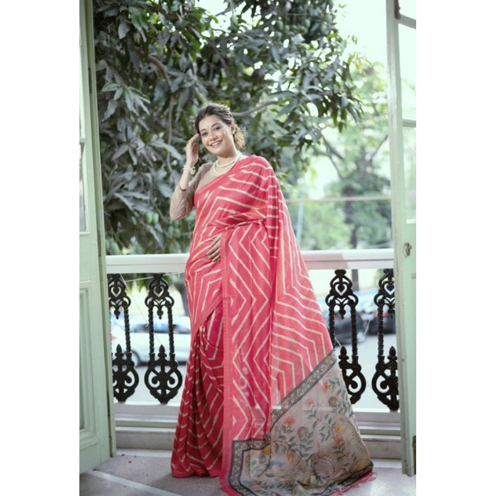 Generic Women's Faux_Tussar_Silk Geometric_Print Saree With Unstitched Blouse 5.5Mtr (Pink) - Image 2
