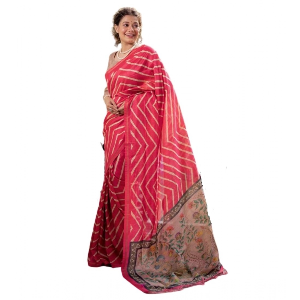 Generic Women's Faux_Tussar_Silk Geometric_Print Saree With Unstitched Blouse 5.5Mtr (Pink) - Image 3