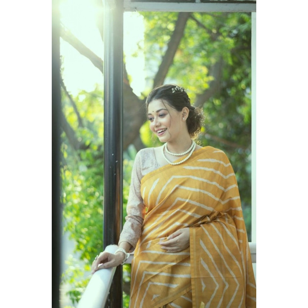 Generic Women's Faux_Tussar_Silk Geometric_Print Saree With Unstitched Blouse 5.5Mtr (Mustard) - Image 2
