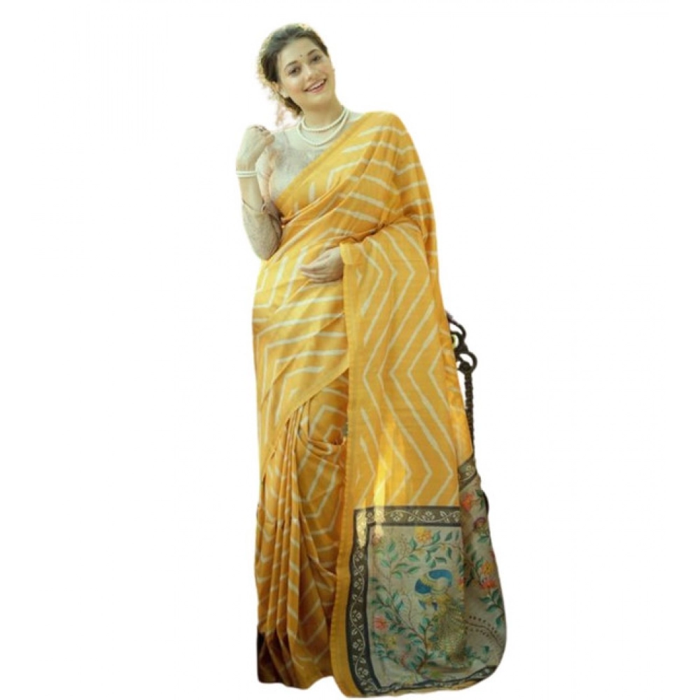 Generic Women's Faux_Tussar_Silk Geometric_Print Saree With Unstitched Blouse 5.5Mtr (Mustard) - Image 3