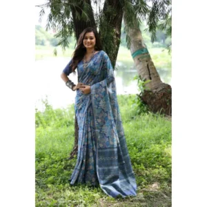 Generic Women's Faux_Tussar_Silk Abstract_Print Saree With Unstitched Blouse 5.5Mtr (Blue)