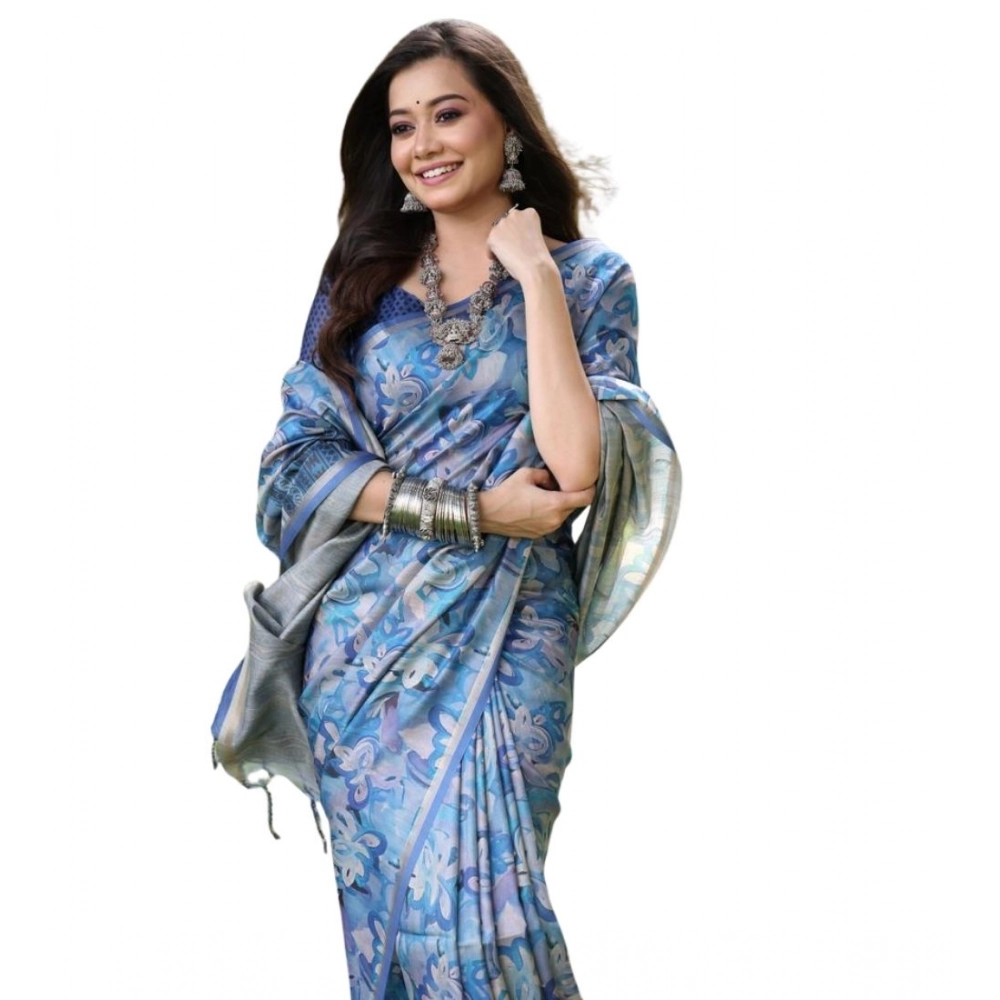 Generic Women's Faux_Tussar_Silk Abstract_Print Saree With Unstitched Blouse 5.5Mtr (Blue) - Image 3