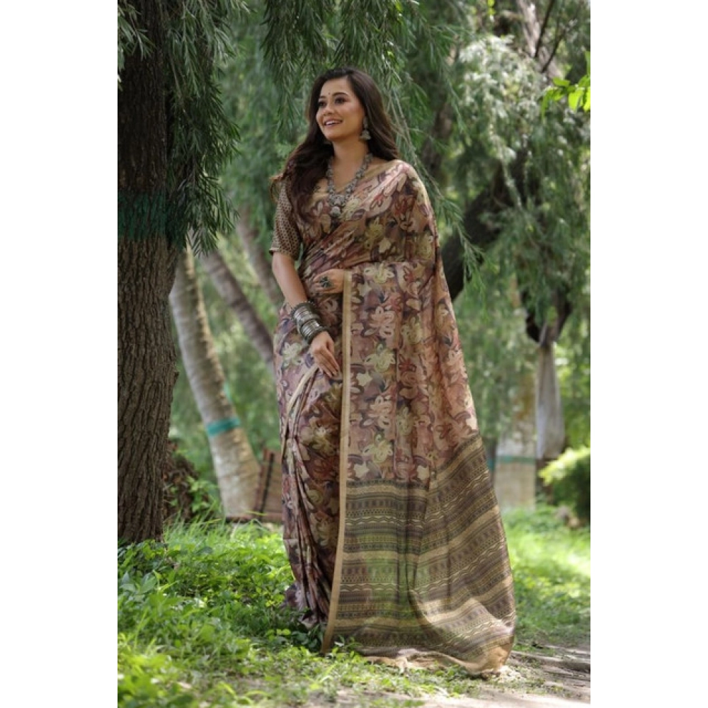 Generic Women's Faux_Tussar_Silk Abstract_Print Saree With Unstitched Blouse 5.5Mtr (Brown) - Image 2