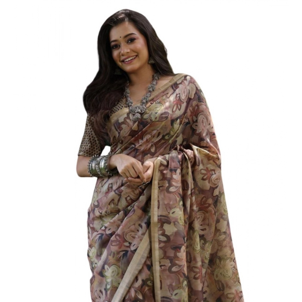 Generic Women's Faux_Tussar_Silk Abstract_Print Saree With Unstitched Blouse 5.5Mtr (Brown) - Image 3