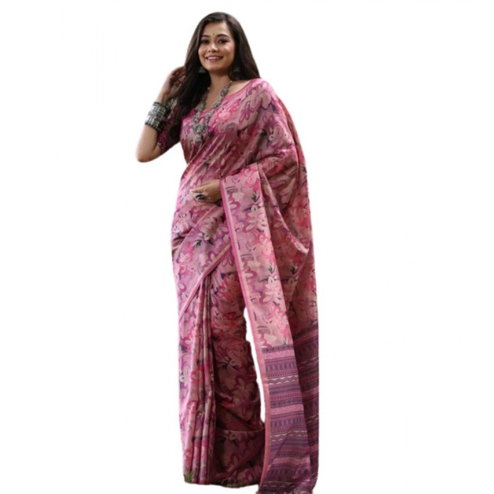 Generic Women's Faux_Tussar_Silk Abstract_Print Saree With Unstitched Blouse 5.5Mtr (Pink) - Image 3