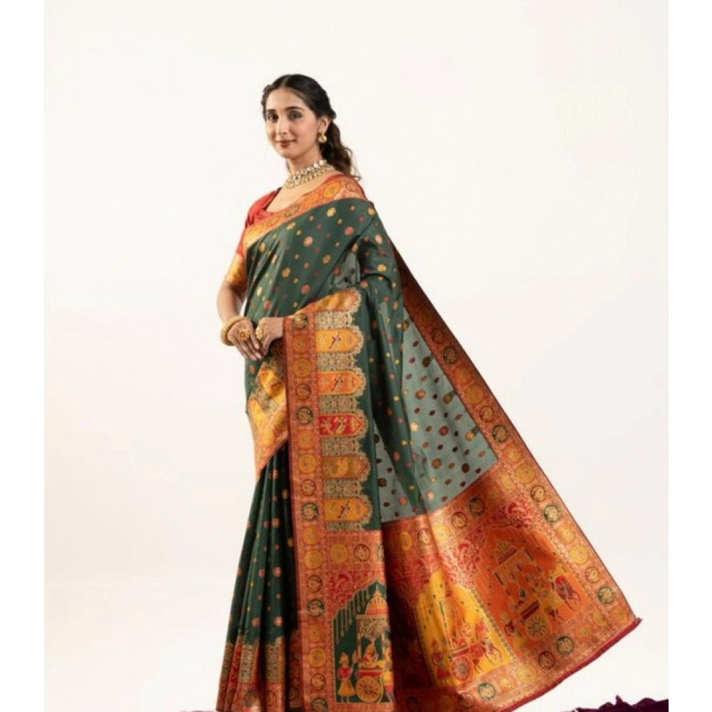 Generic Women's Faux_Banarasi Woven Motifs Saree With Unstitched Blouse 5.5Mtr (Dark_Green)