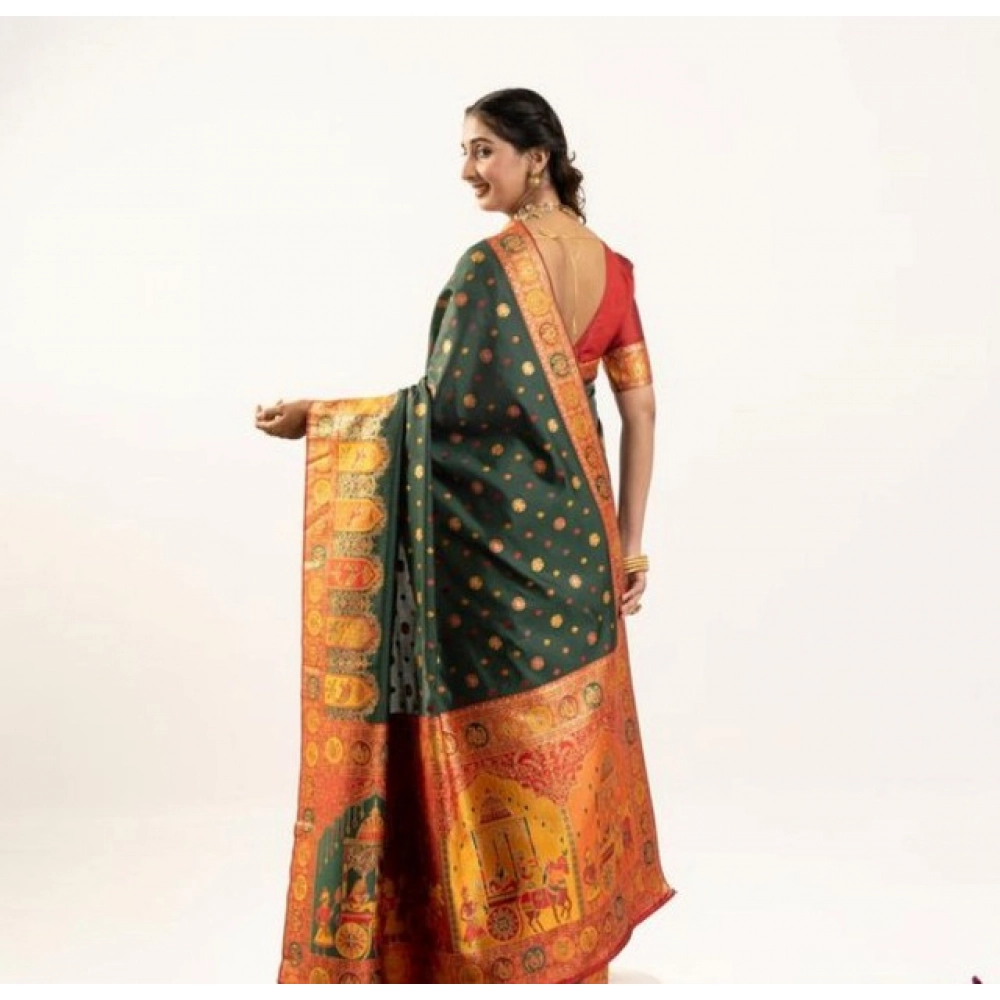 Generic Women's Faux_Banarasi Woven Motifs Saree With Unstitched Blouse 5.5Mtr (Dark_Green) - Image 2