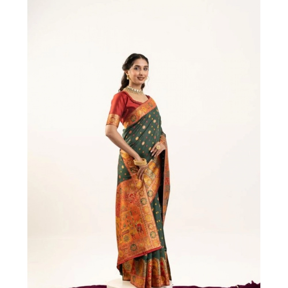 Generic Women's Faux_Banarasi Woven Motifs Saree With Unstitched Blouse 5.5Mtr (Dark_Green) - Image 3