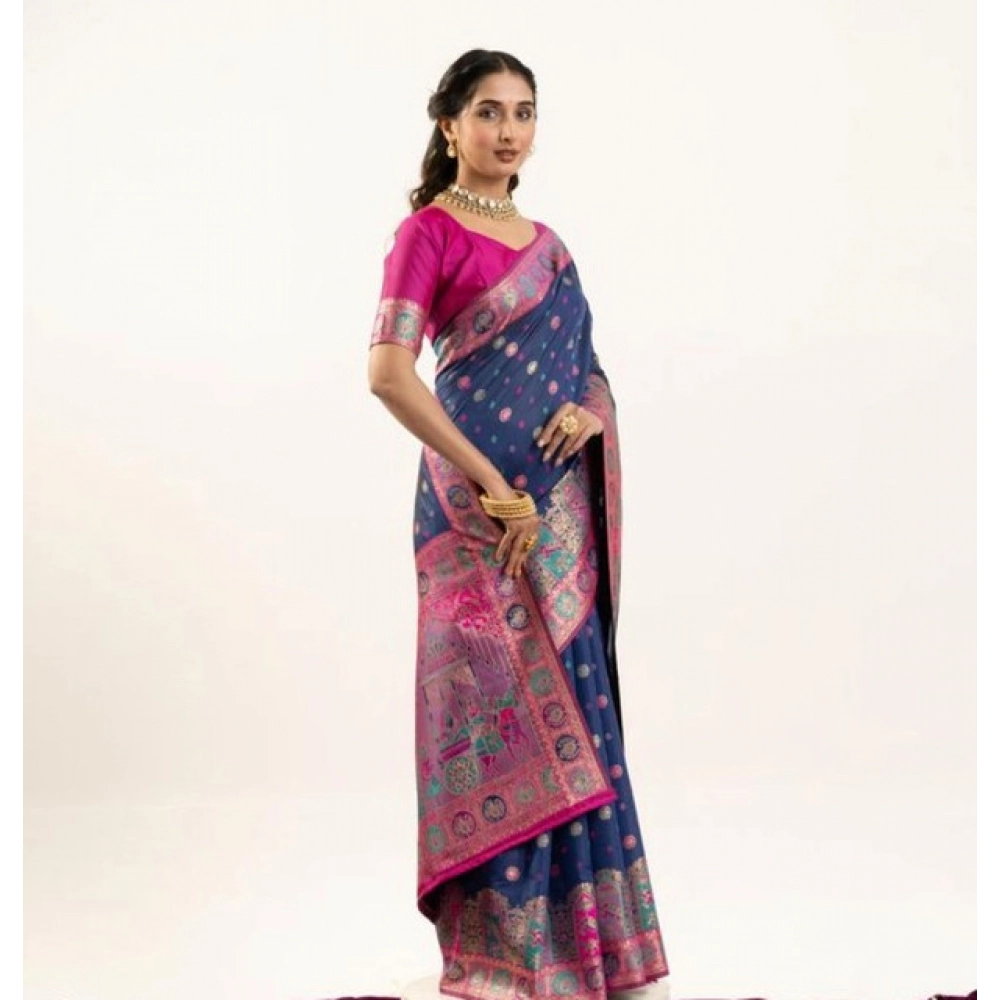 Generic Women's Faux_Banarasi Woven Motifs Saree With Unstitched Blouse 5.5Mtr (Navy_Blue) - Image 2